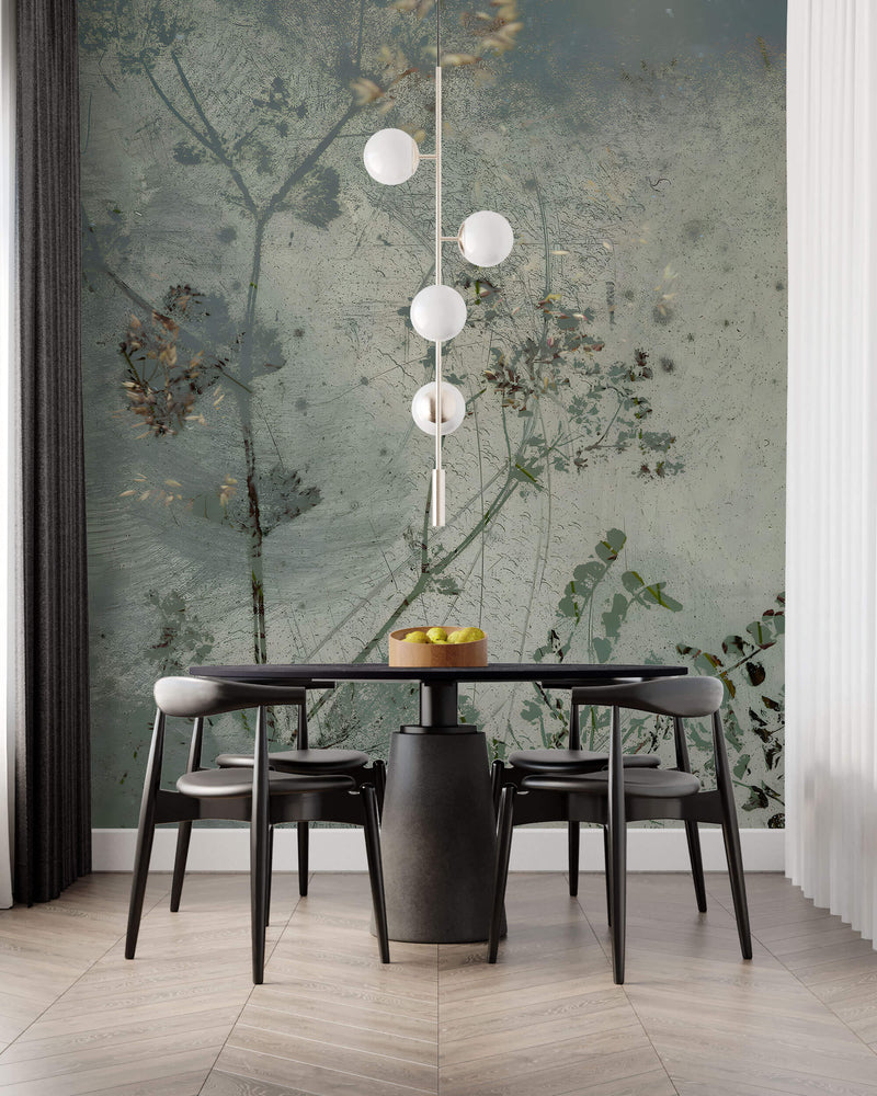 Tapet Personalizat Floral cu flori in fundal de plaster in nuante de verde - ABSTRACT FLOWER DESIGN