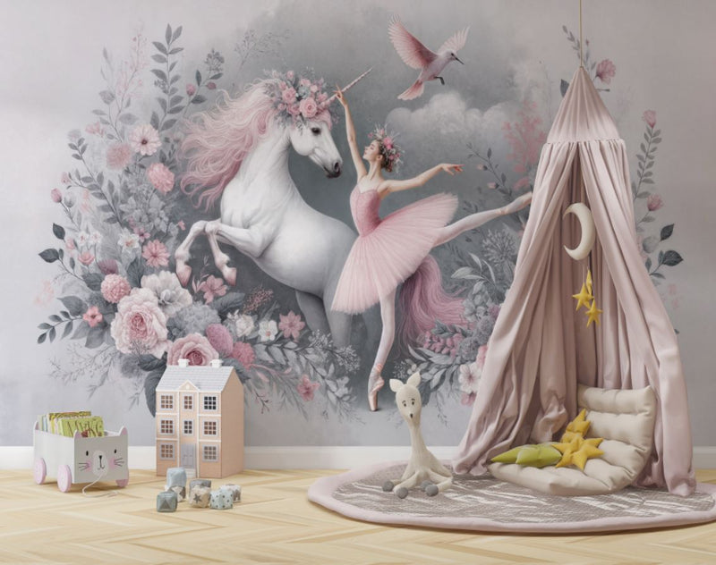 Tapet Personalizat Taramul Printeselor pentru copii cu unicorn si balerina cu elemente florale in nuante de roz - UNICORN BALLERINA