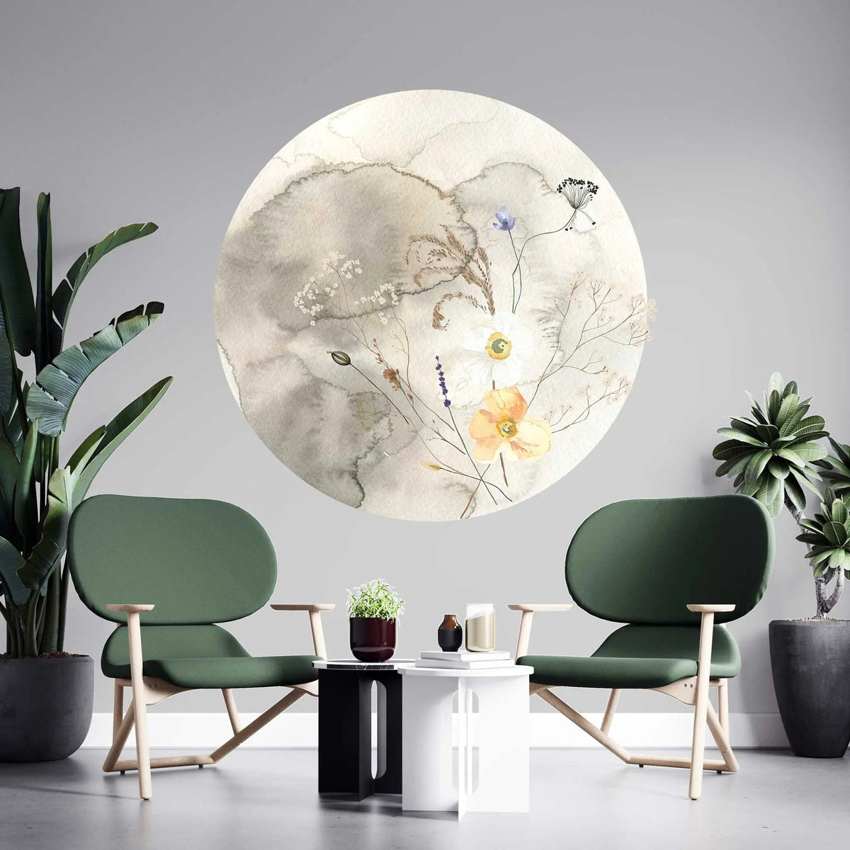 Sticker perete rotund cu elemente botanice si fundal in acuarela cosy flower