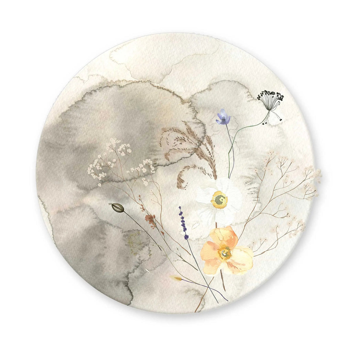 Sticker perete rotund cu elemente botanice si fundal in acuarela cosy flower