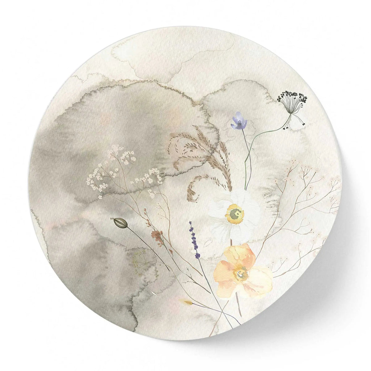 Sticker perete rotund cu elemente botanice si fundal in acuarela cosy flower