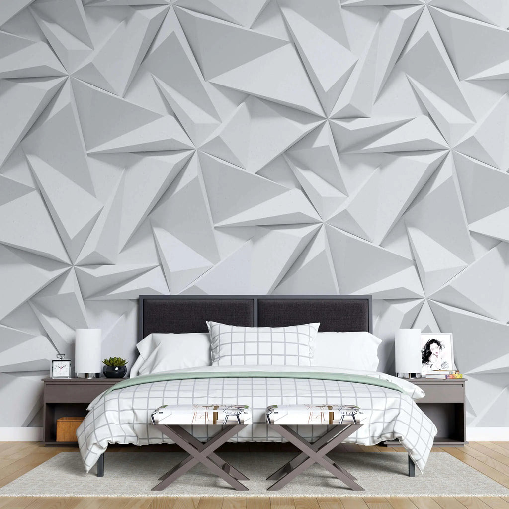 Tapet personalizat 3d cu forme geometrice triunghiulare albe in relief bedsheets