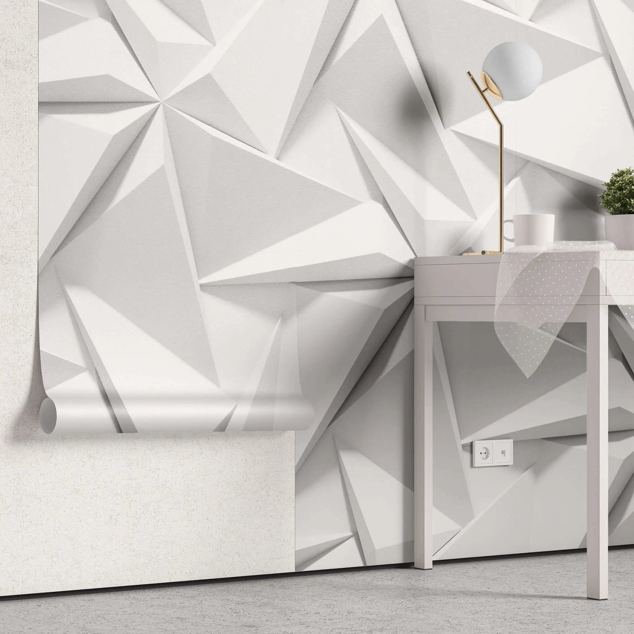 Tapet personalizat 3d cu forme geometrice triunghiulare albe in relief bedsheets
