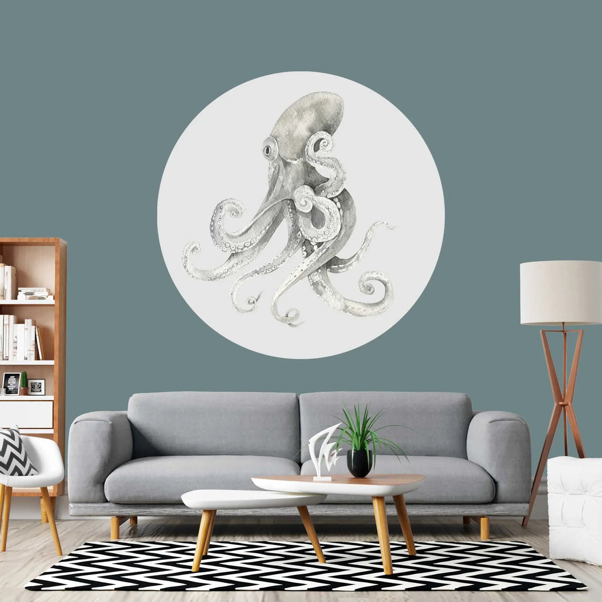 Sticker perete rotund cu caracatita desenata in acuarela octopus art