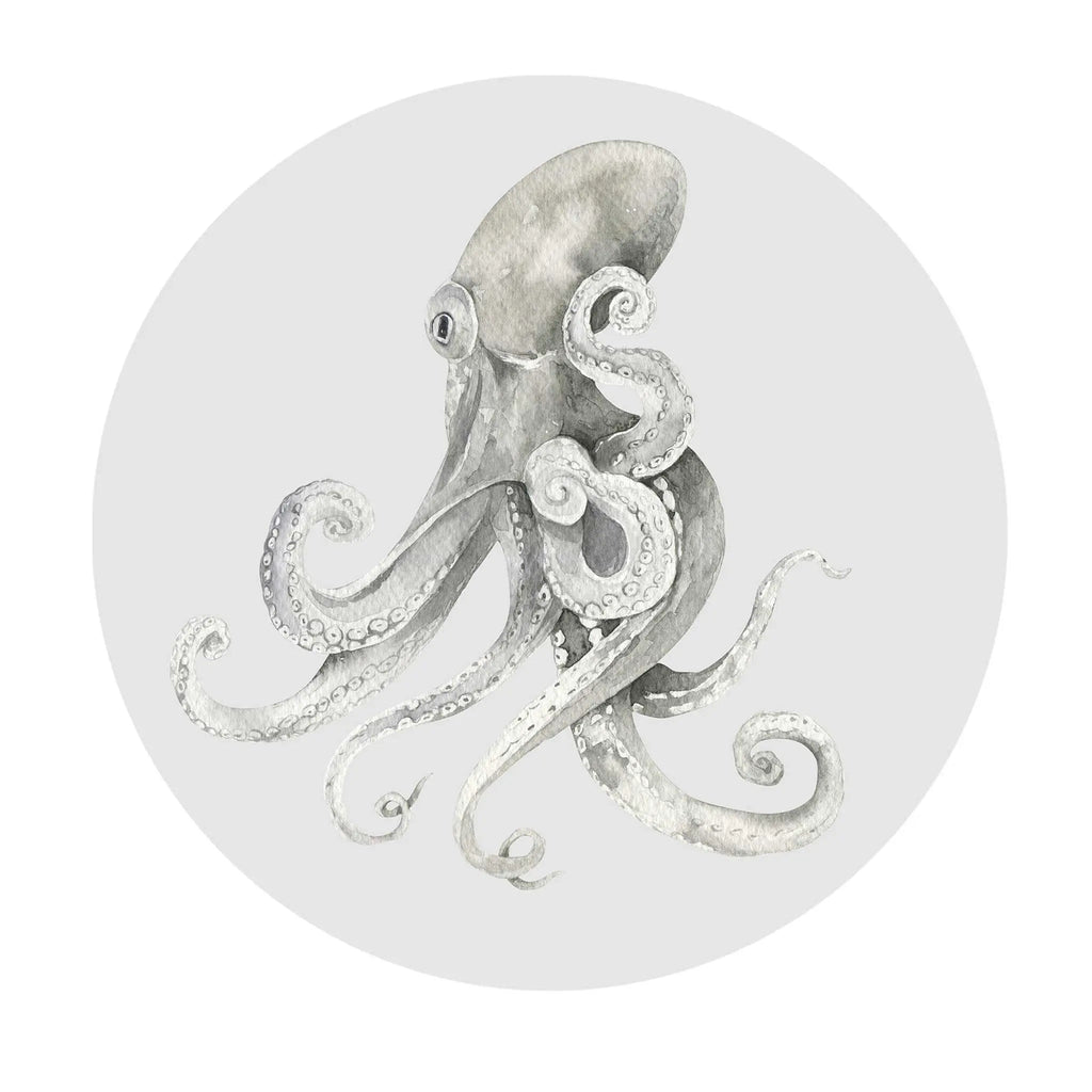 Sticker perete rotund cu caracatita desenata in acuarela octopus art