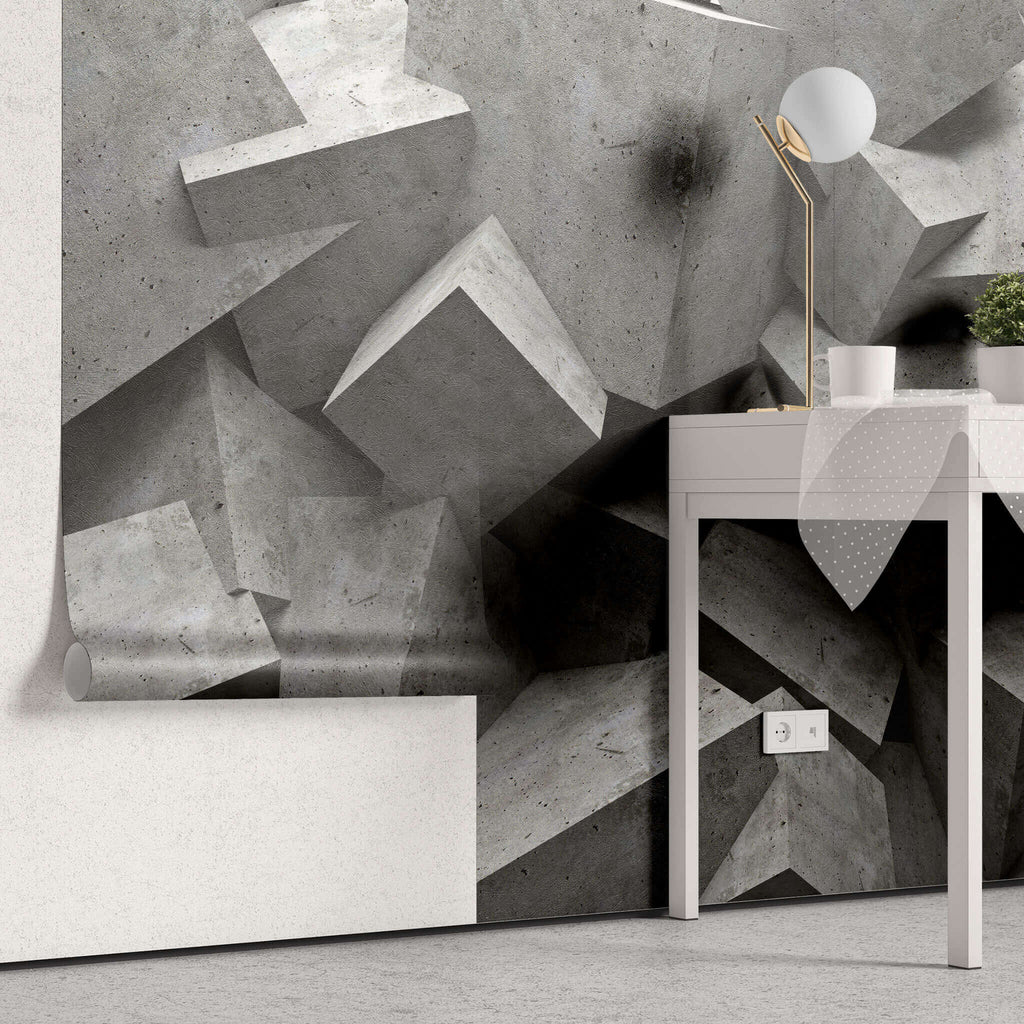 Tapet personalizat 3d cu blocuri de ciment imbinate asimetric concrete blocks dark
