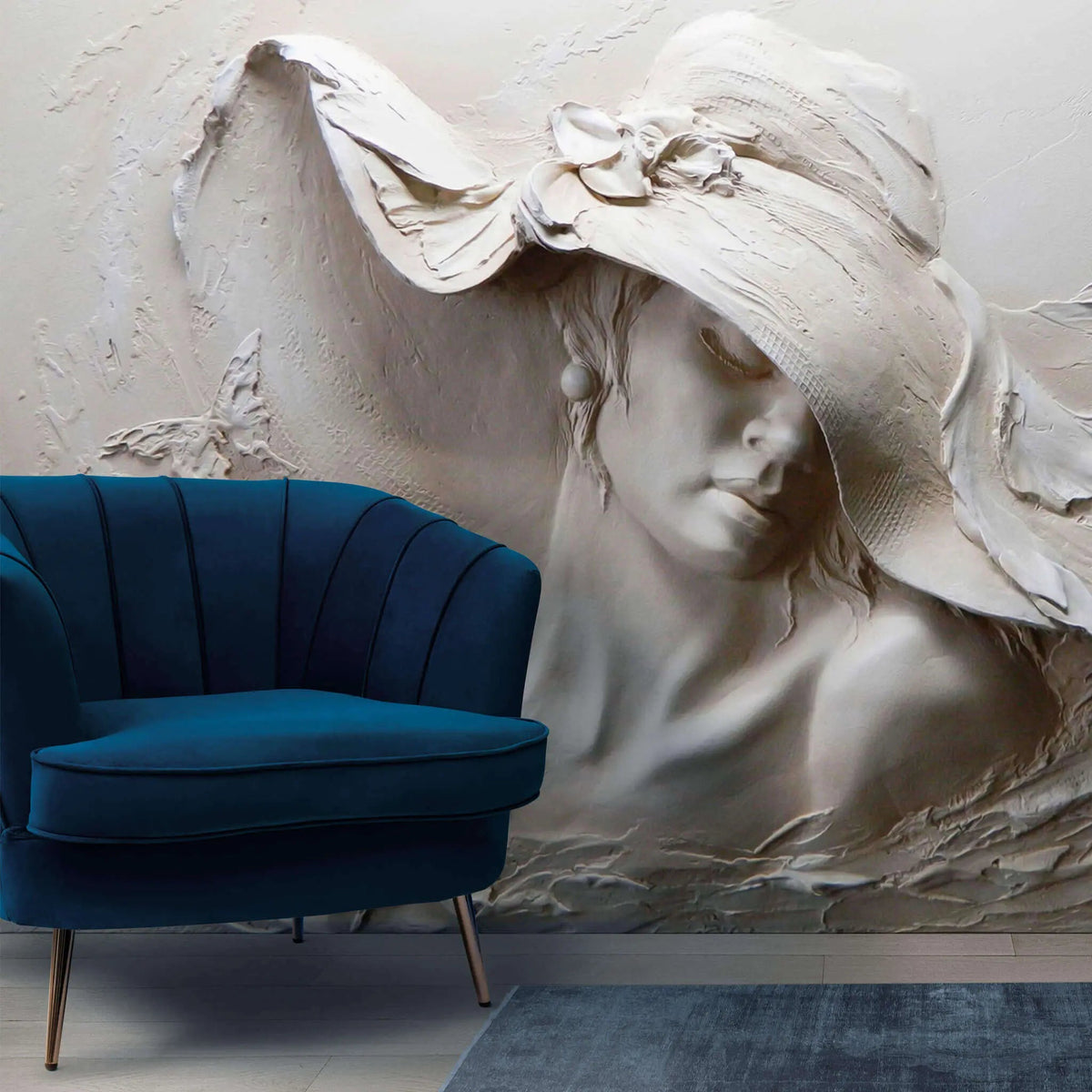 Tapet personalizat 3d cu dama inconjurata de fluturi albi maddame