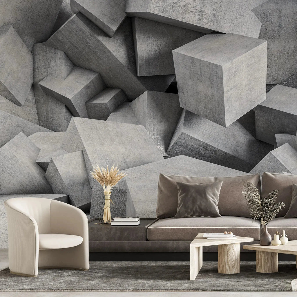 Tapet personalizat 3d cu blocuri de ciment imbinate asimetric in nuante de gri deschis concrete blocks light