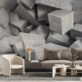 Tapet personalizat 3d cu blocuri de ciment imbinate asimetric in nuante de gri deschis concrete blocks light