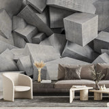 Tapet personalizat 3d cu blocuri de ciment imbinate asimetric in nuante de gri deschis concrete blocks light