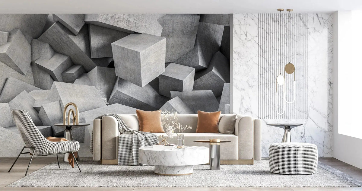 Tapet personalizat 3d cu blocuri de ciment imbinate asimetric in nuante de gri deschis concrete blocks light