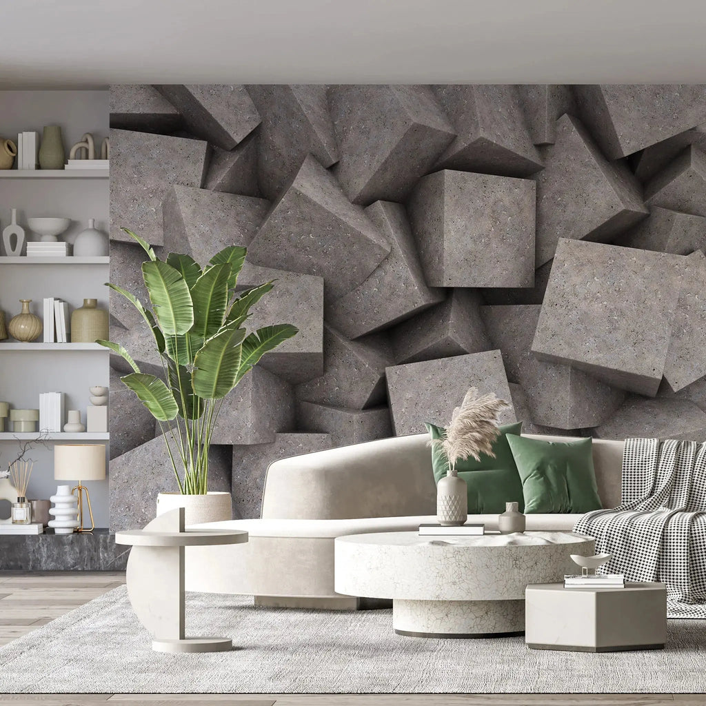 Tapet personalizat 3d cu blocuri de granit imbinate asimetric in nuante de maronii concrete blocks granit