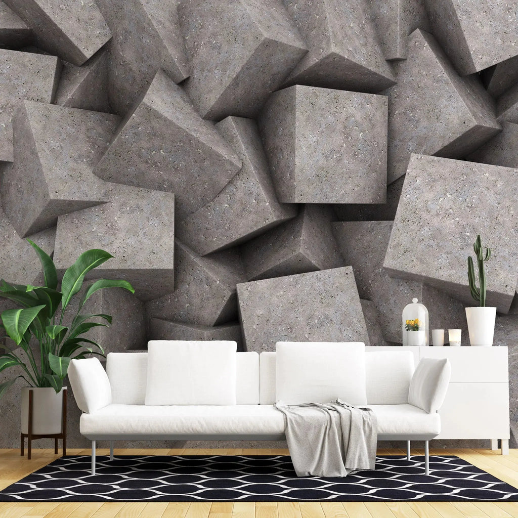 Tapet personalizat 3d cu blocuri de granit imbinate asimetric in nuante de maronii concrete blocks granit