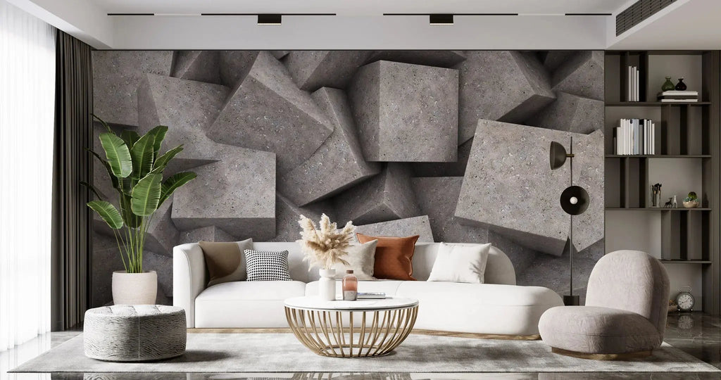 Tapet personalizat 3d cu blocuri de granit imbinate asimetric in nuante de maronii concrete blocks granit