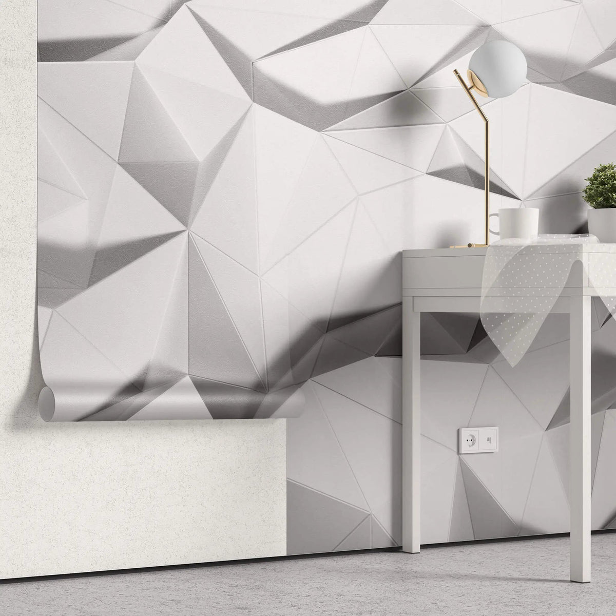Tapet personalizat 3d cu forme fine geometrice triunghiulare albe in relief 3d white geometrics