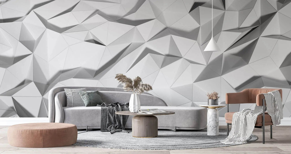 Tapet personalizat 3d cu forme fine geometrice triunghiulare albe in relief 3d white geometrics