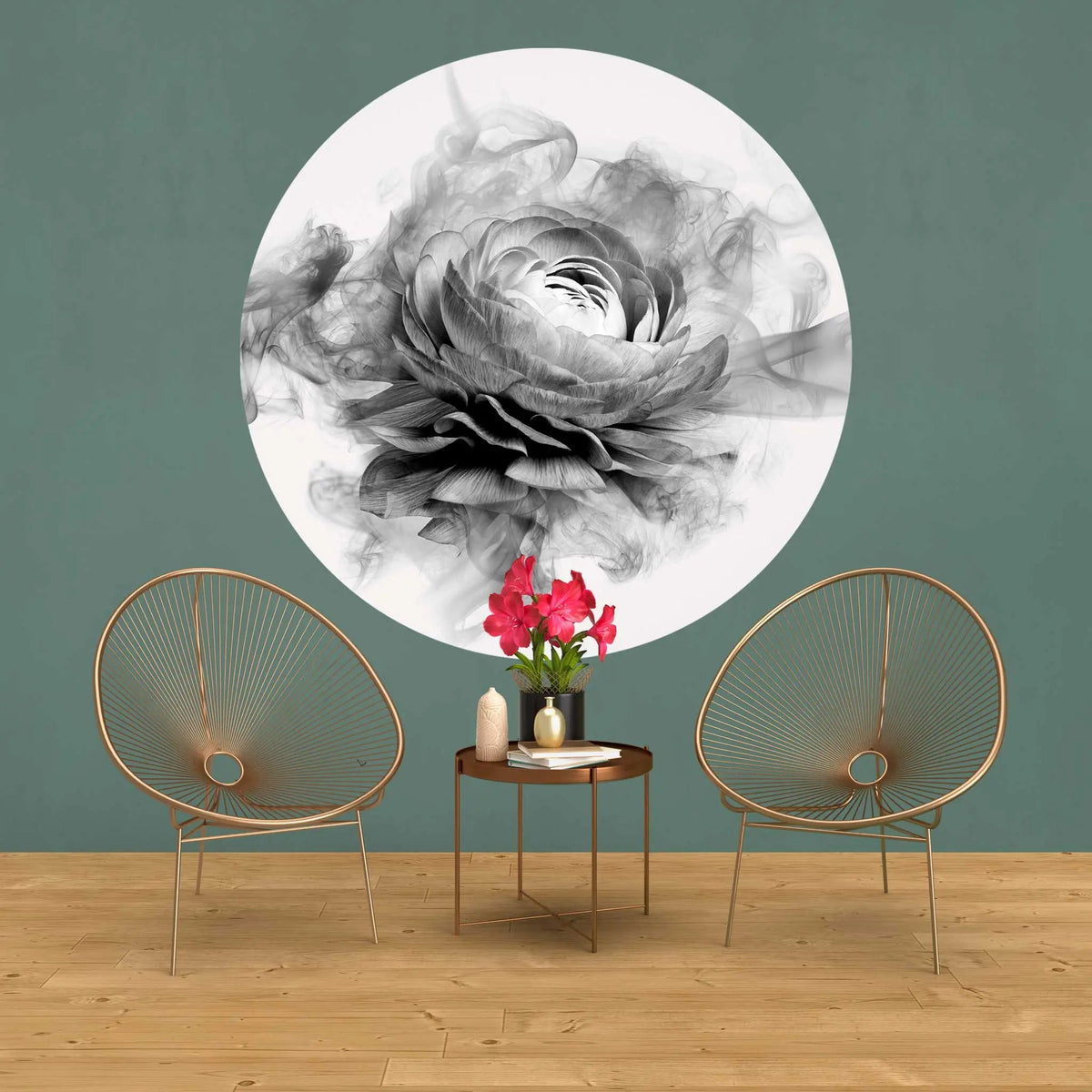 Sticker perete rotund floral cu bujor in alb negru fumuriu smokey peony