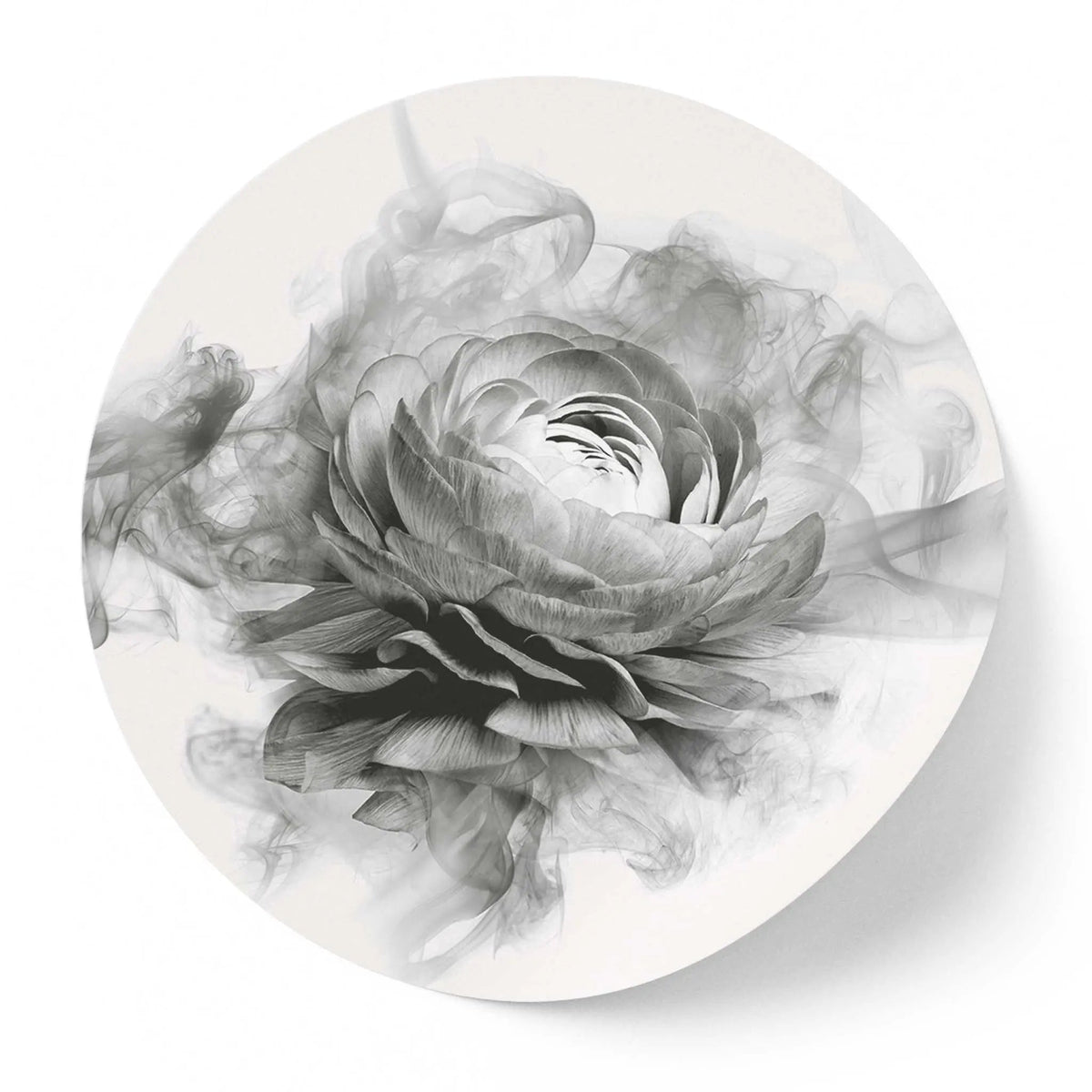 Sticker perete rotund floral cu bujor in alb negru fumuriu smokey peony