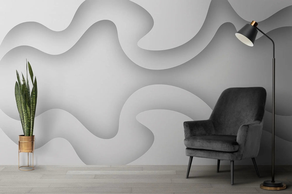 Tapet personalizat 3d cu design abstract in nuante de alb si umbre gri white frequency