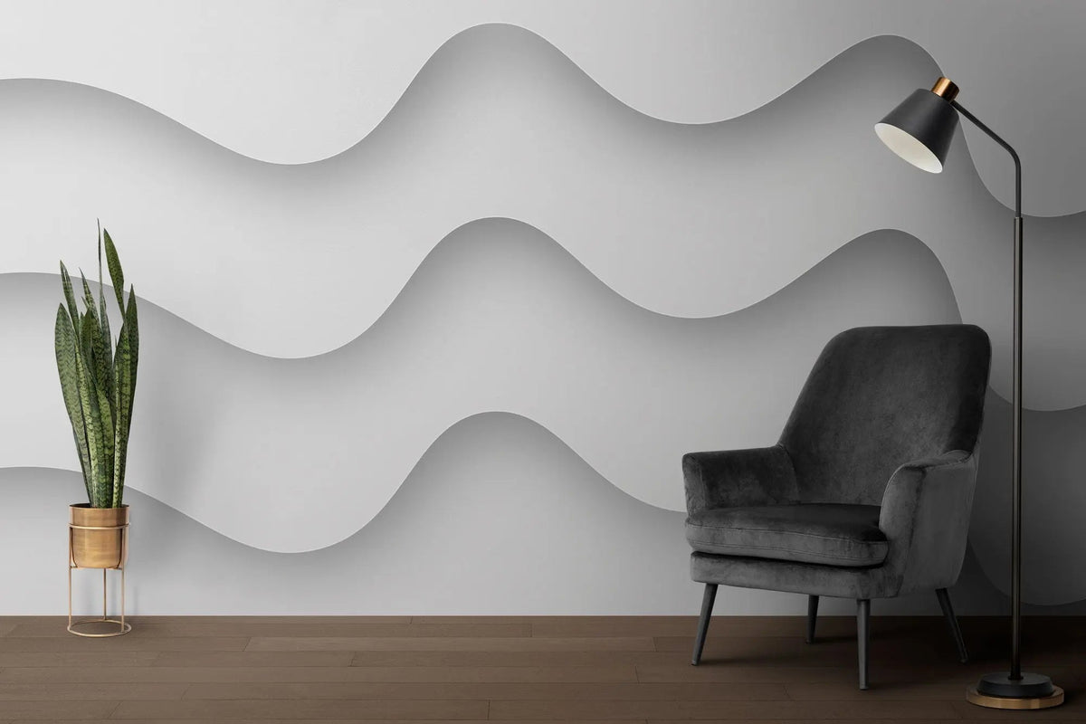 Tapet personalizat 3d cu forme abstracte albe si umbre cu efect 3d white waves