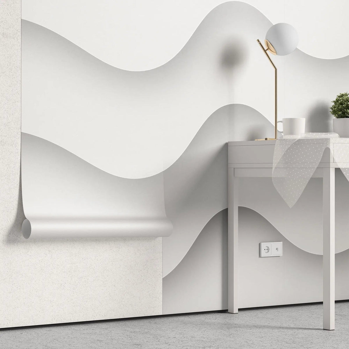 Tapet personalizat 3d cu forme abstracte albe si umbre cu efect 3d white waves