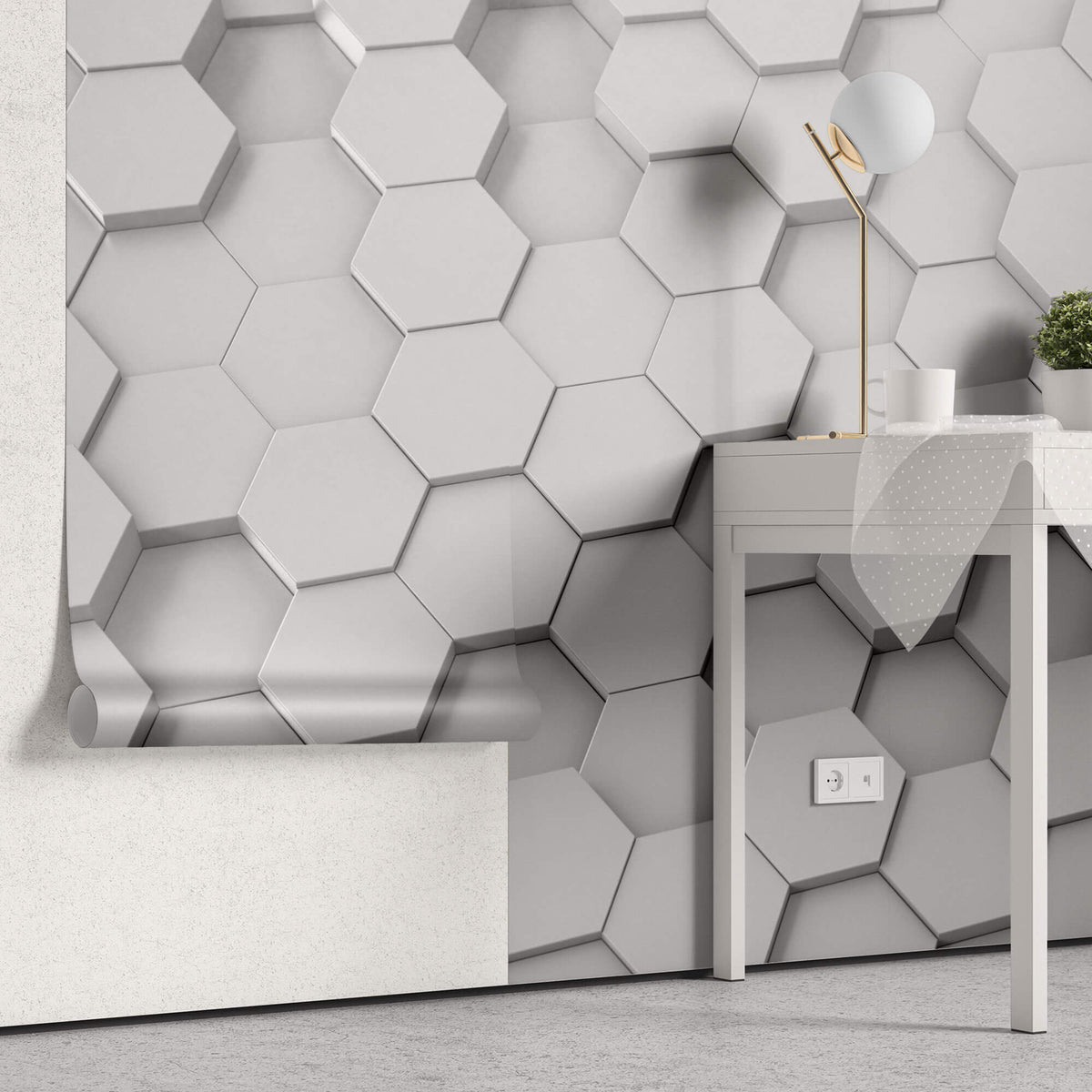 Tapet Personalizat 3D cu hexagoane iesite in relief in nuante de gri - GREY HEX