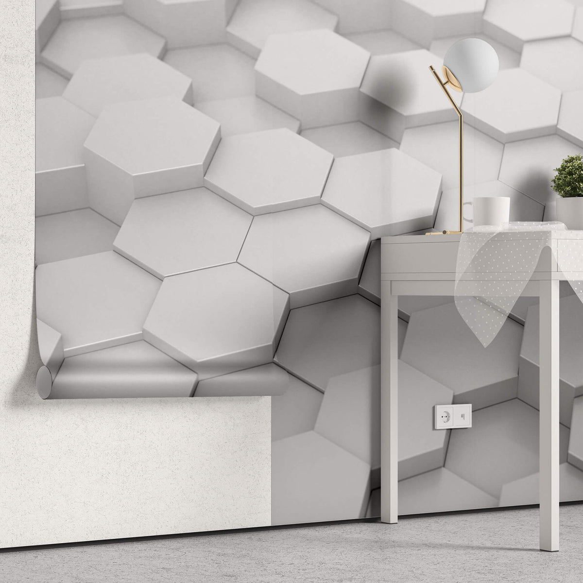 Tapet Personalizat 3D cu hexagoane iesite in relief in nuante de alb-gri - ANGLE GREY HEX