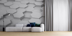 Tapet Personalizat 3D cu hexagoane iesite in relief in nuante de alb-gri vazute din apropiere - CLOSE UP HEX