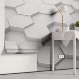 Tapet Personalizat 3D cu hexagoane iesite in relief in nuante de alb-gri vazute din apropiere - CLOSE UP HEX