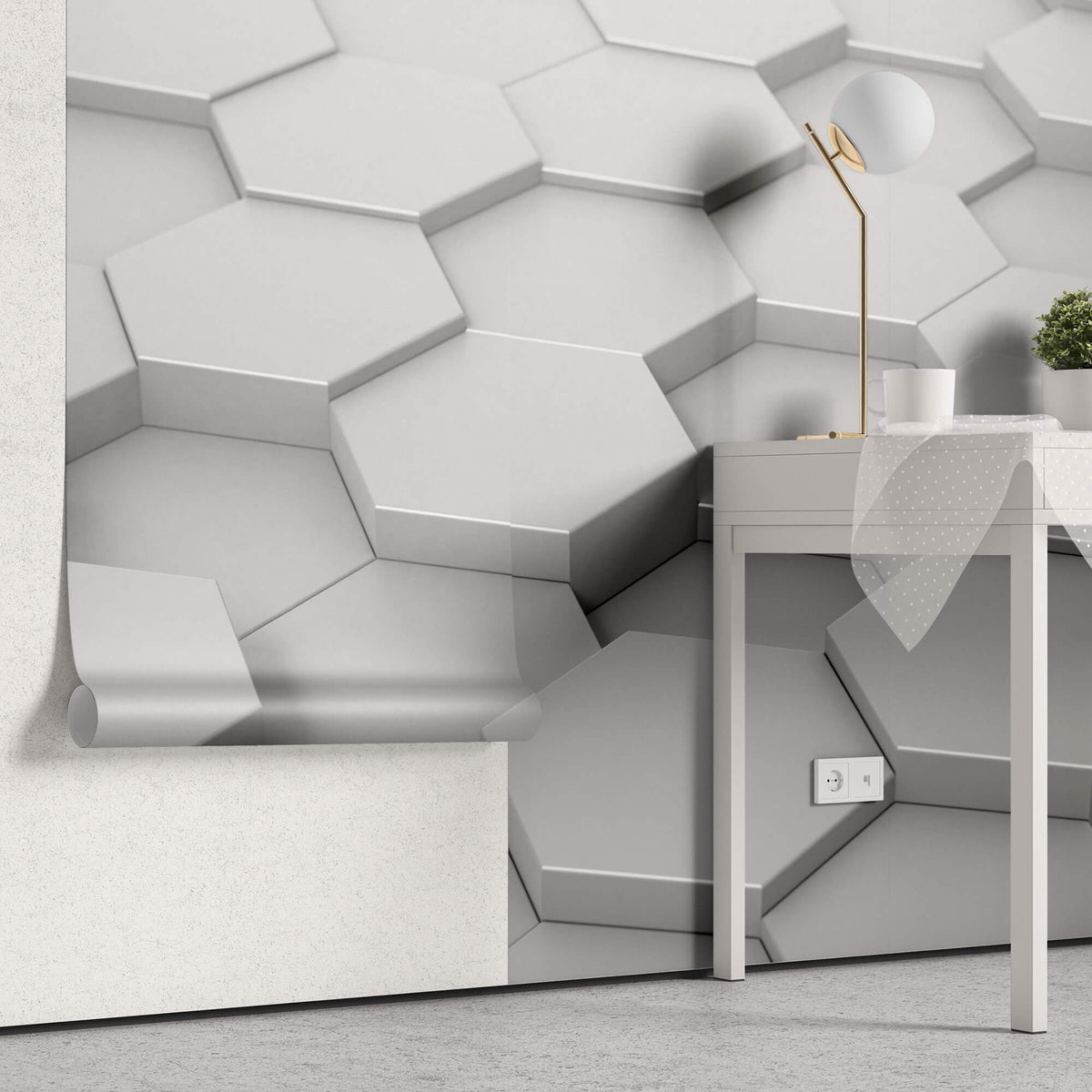 Tapet Personalizat 3D cu hexagoane iesite in relief in nuante de alb-gri vazute din apropiere - CLOSE UP HEX