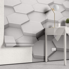 Tapet Personalizat 3D cu hexagoane iesite in relief in nuante de alb-gri vazute din apropiere - CLOSE UP HEX