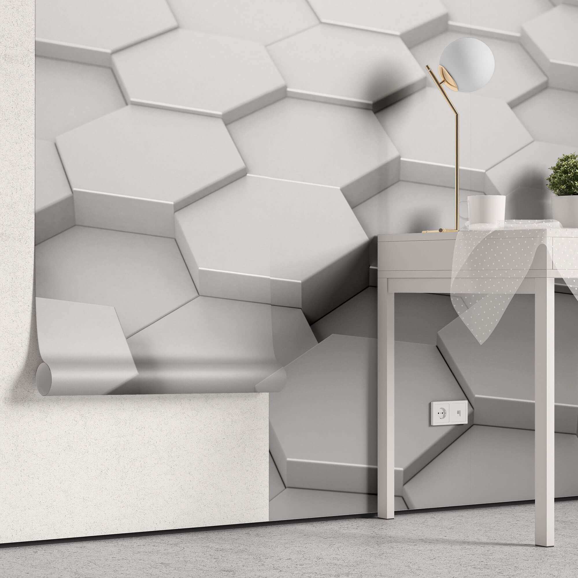 Tapet Personalizat 3D cu hexagoane iesite in relief in nuante de alb-gri vazute din apropiere - CLOSE UP HEX