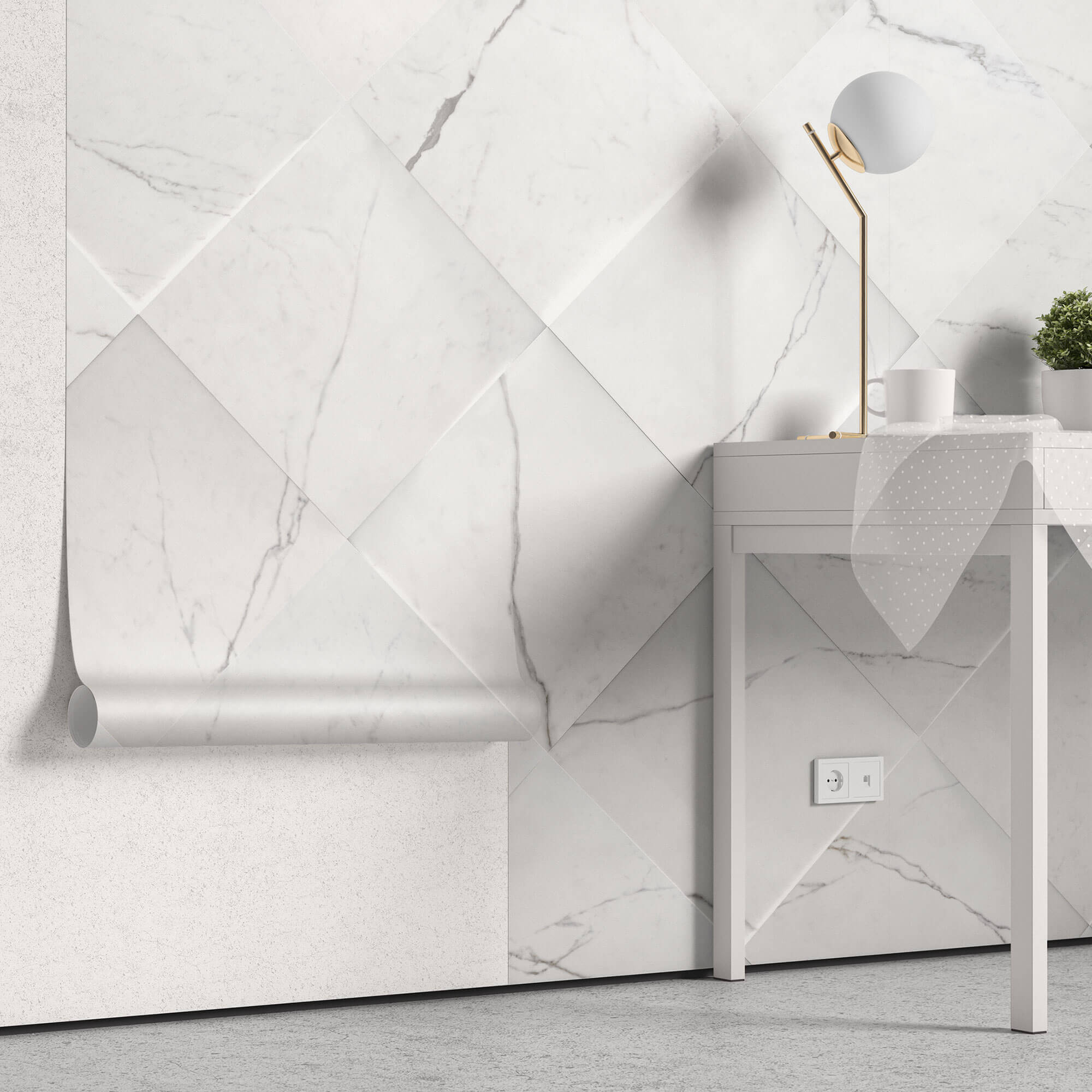 Tapet Personalizat 3D cu elemente de marmura alba iesite in relief - 3D MARBLE
