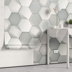 Tapet Personalizat 3D cu hexagoane albe iesite in relief cu efect de lumina si umbra - SHADOW HEXAGONS