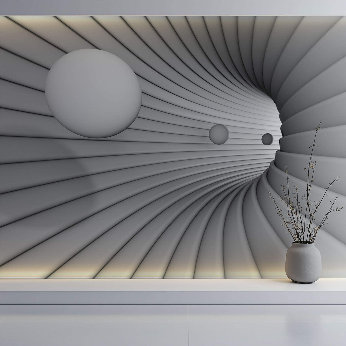 Tapet Personalizat 3D cu un tunel in viziune 3D si sfere plutind in departare - SPHERE VISION