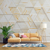 Tapet Personalizat 3D cu triunghiuri din lemn albe cu insertii aurii iesite in relief - WOODEN TRIANGLES