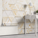 Tapet Personalizat 3D cu triunghiuri din lemn albe cu insertii aurii iesite in relief - WOODEN TRIANGLES