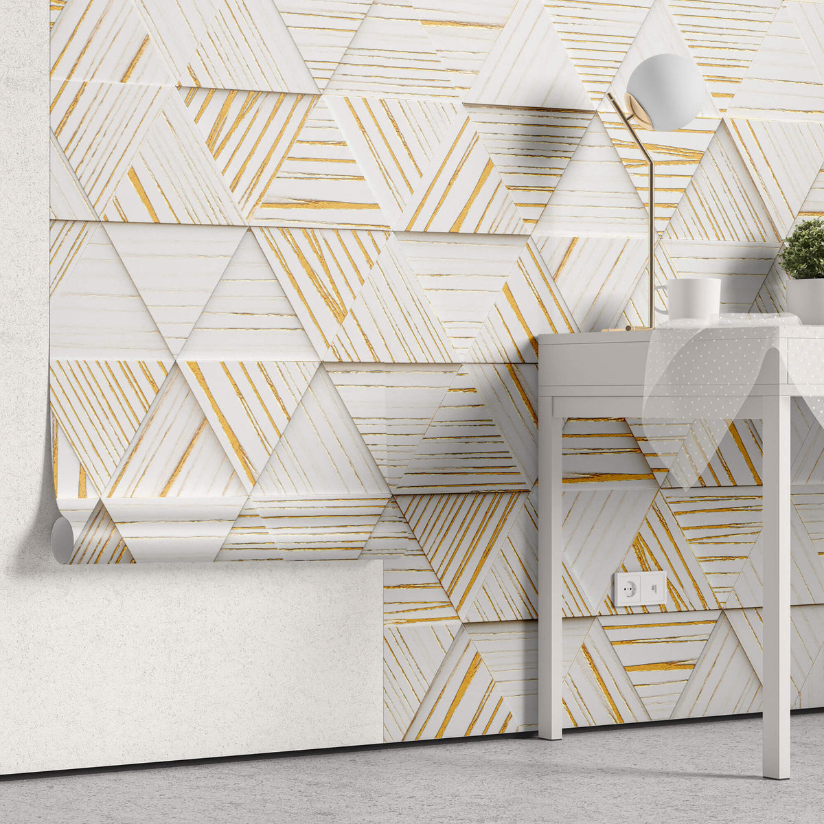 Tapet Personalizat 3D cu triunghiuri din lemn albe cu insertii aurii iesite in relief - WOODEN TRIANGLES