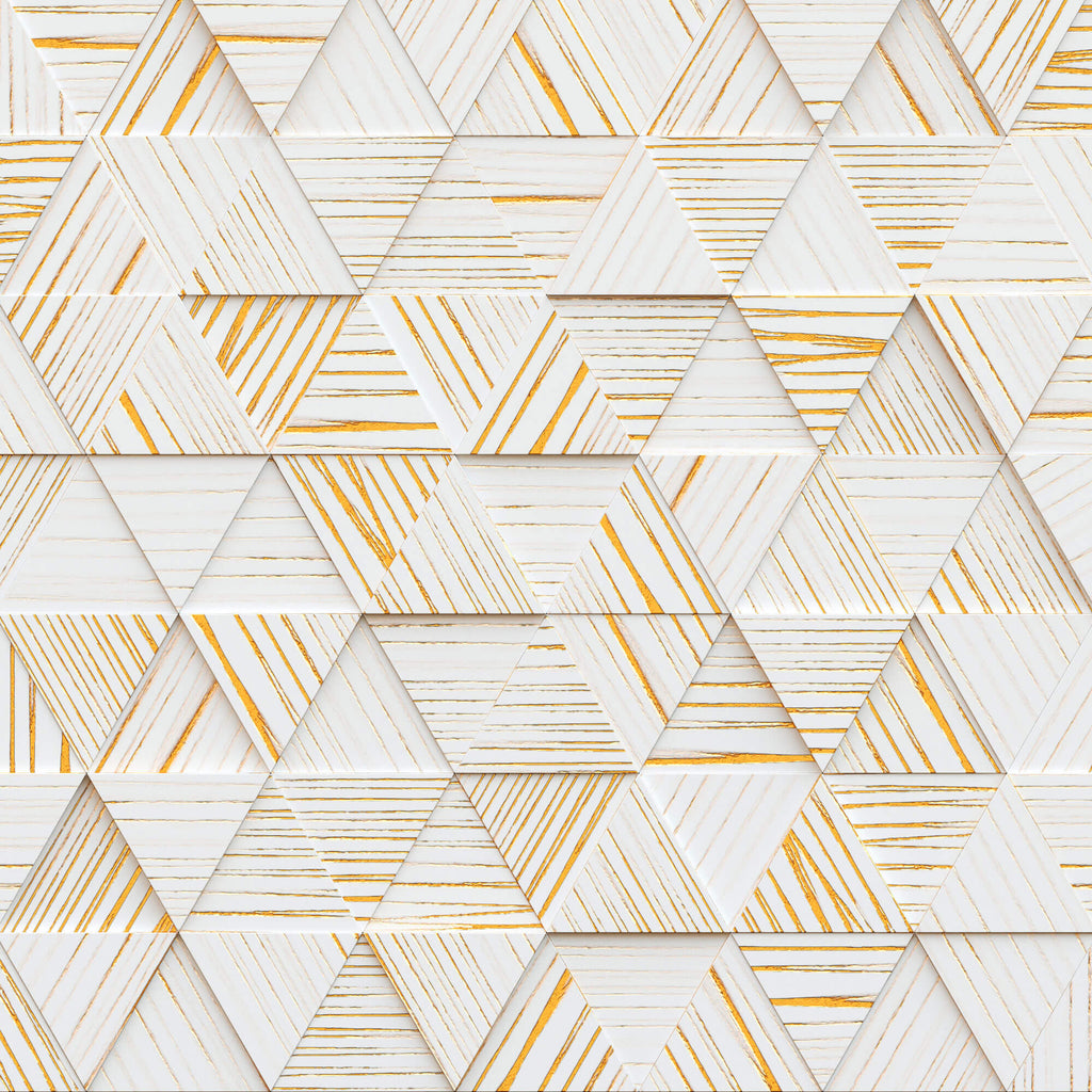 Tapet Personalizat 3D cu triunghiuri din lemn albe cu insertii aurii iesite in relief - WOODEN TRIANGLES