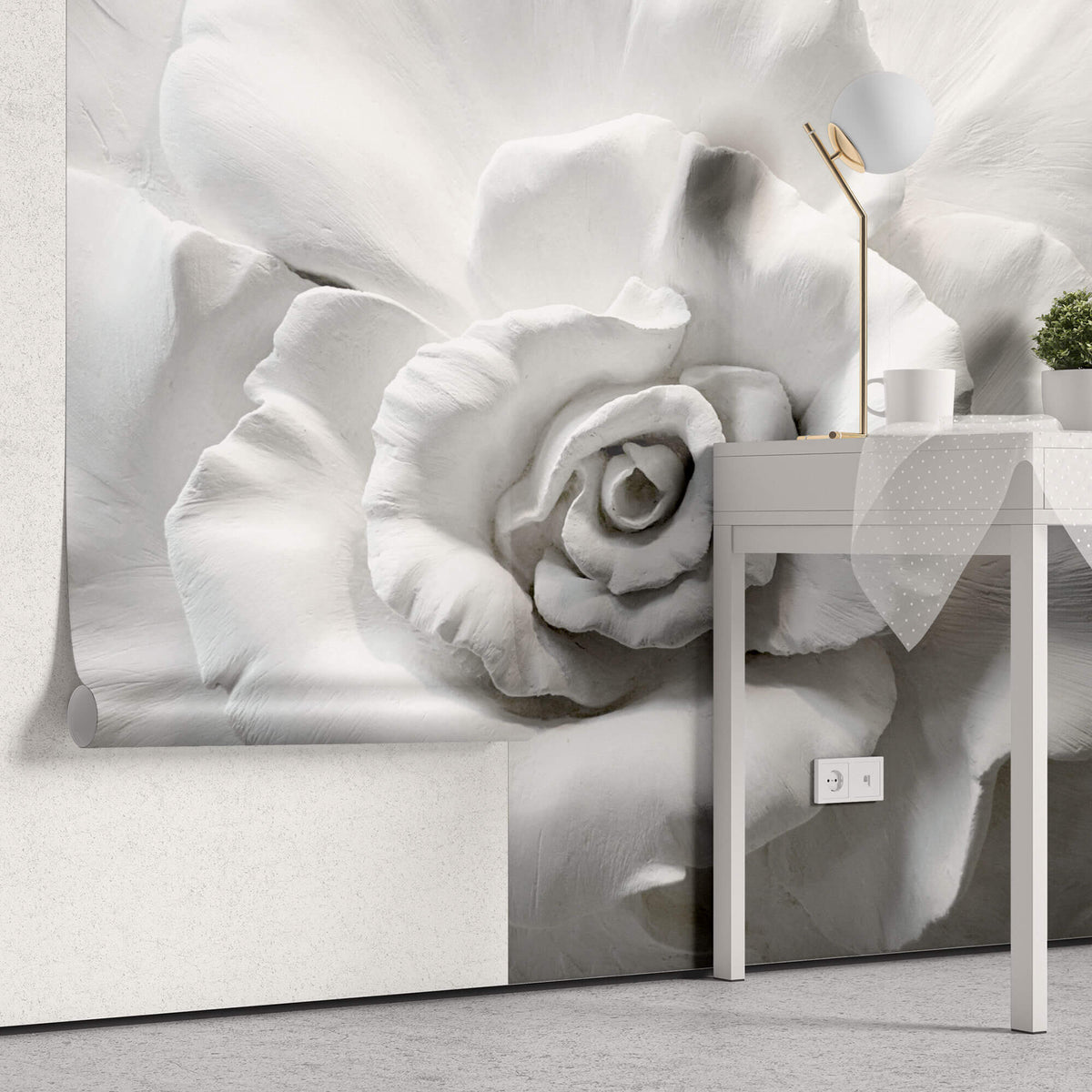 Tapet Personalizat 3D cu o floare din ipsos alb in relief - 3D PLASTER ROSE