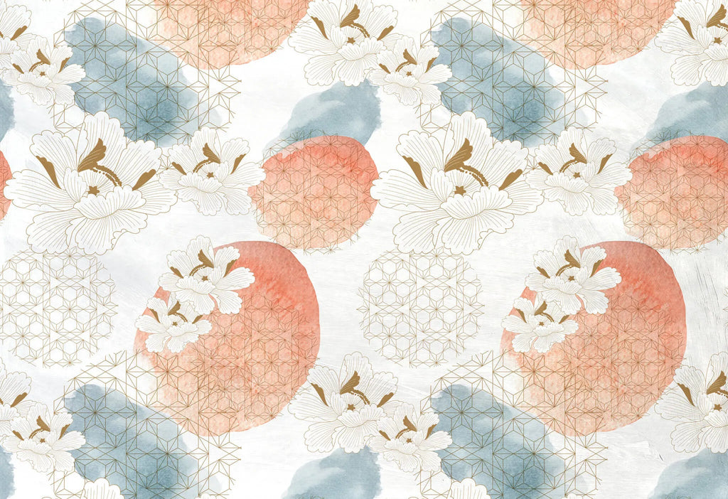 Tapet personalizat watercolor cu selectie de flori albe si forme geometrice aramii floral watercolor