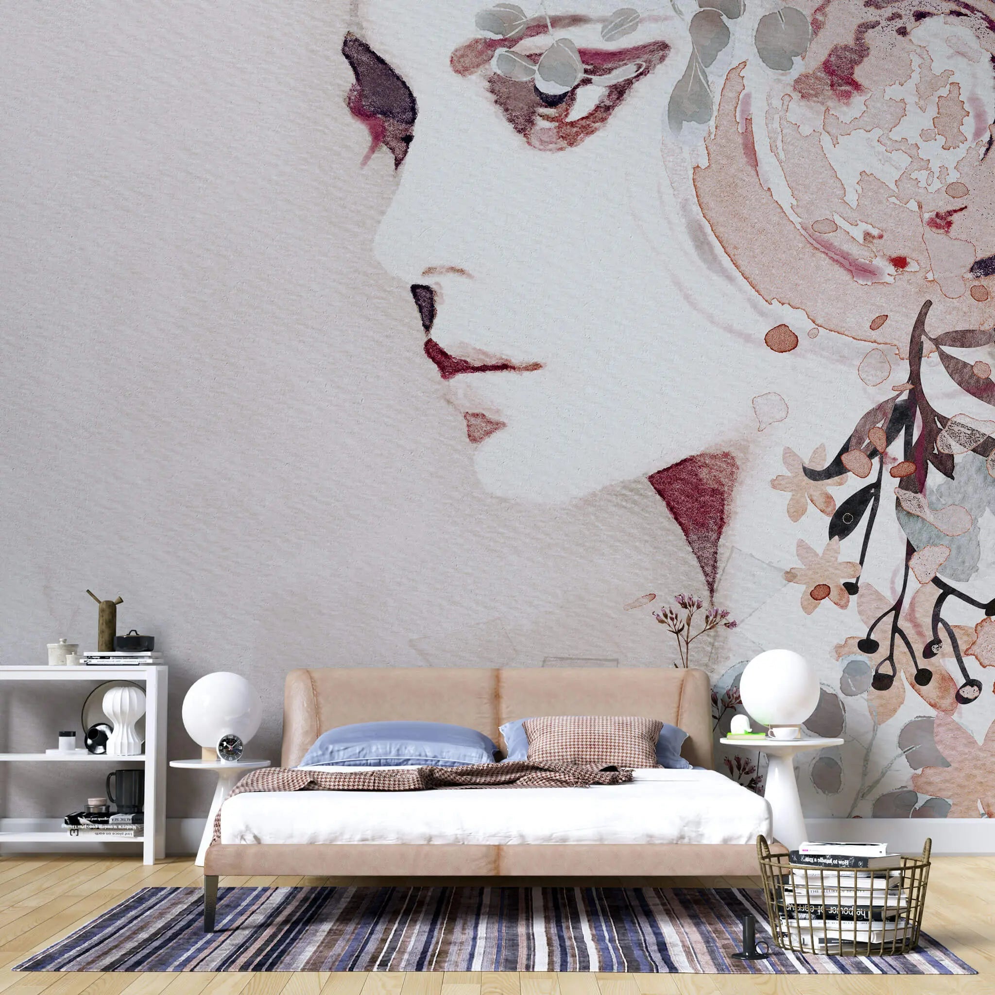 Tapet personalizat watercolor cu portret dama in nuante rozalii la femme