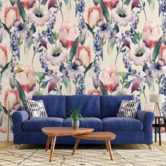 Tapet personalizat watercolor cu lalele si irisi colorati in stil de pictura tulips & irises