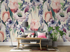 Tapet personalizat watercolor cu lalele si irisi colorati in stil de pictura tulips & irises
