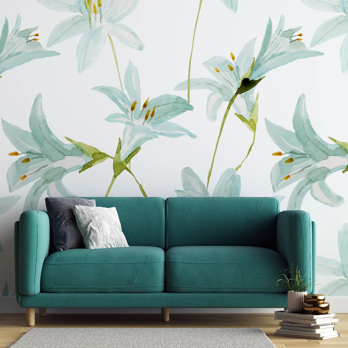 Tapet personalizat watercolor cu flori de crin verzi pe fundal alb mint lily