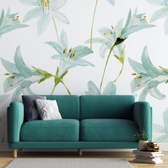 Tapet personalizat watercolor cu flori de crin verzi pe fundal alb mint lily