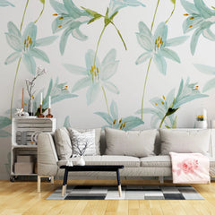 Tapet personalizat watercolor cu flori de crin verzi pe fundal alb mint lily