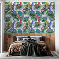 Tapet personalizat watercolor cu plante verzi si papagali colorful parrots 