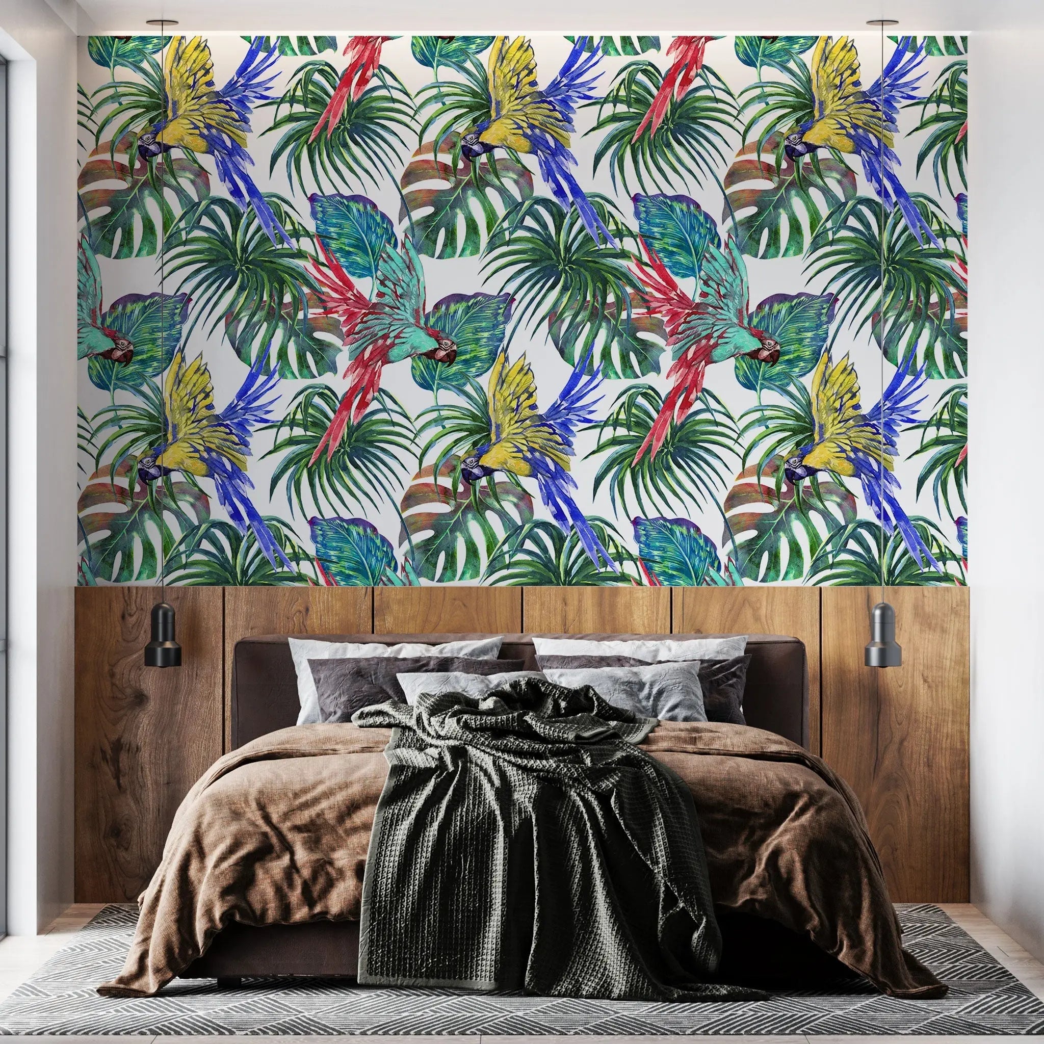 Tapet personalizat watercolor cu plante verzi si papagali colorful parrots 
