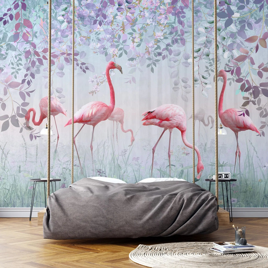 Tapet personalizat watercolor cu pasari flamingo si flori cu petale mov fairy flamingos